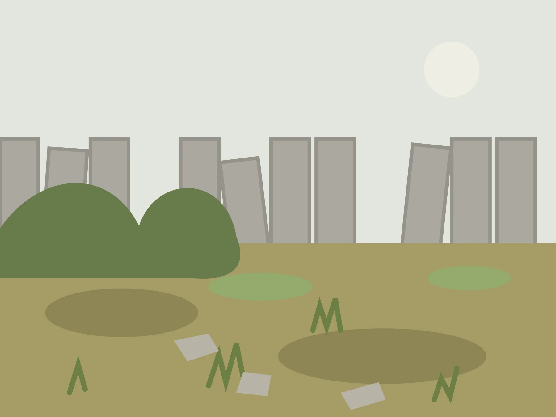 Before: Illustration of an overgrown backyard with a patchy lawn, a broken fence and weeds